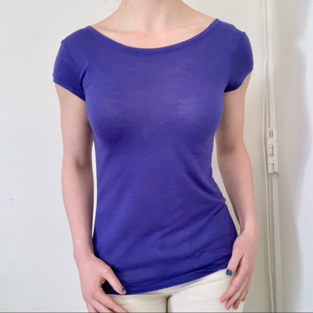 Aerie Blue Purple Short Sleeve T-shirt Open Back Knot Balletcore Elena Gilbert